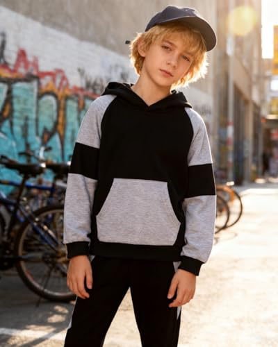 Image of 5-11Y Boys Clothes Long Sleeve Hooded Pullover Colorblock Sweatshirt + Pants 2pcs Fall Winter Outfit Set