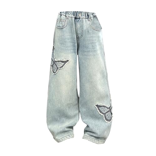 Baggy Jeans for Girls Wide Leg Elastic Waist Buttlerfly Applique 𝗬2K Denim Jeans 𝗩intage Casual Wash Jeans