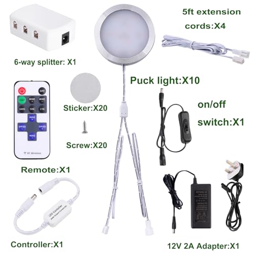 AIBOO Under Cabinet Kitchen Lights LED 10 Pack with Remote,Dimmable Under Cupboard Kitchen Light with Power Plug and Switch,Puck Lights Under Cabinet Lighting Under Counter Light Warm White 2700K - Image 2
