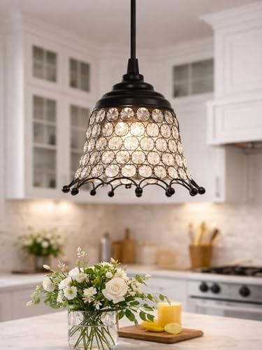 Image of Modern Crystal Pendant Light for Bedroom & Living Room | Decorative Hanging Ceiling Lamp | Warm White Ambient Light | Black Metal Frame Chandelier (Royal Victorian Bell)