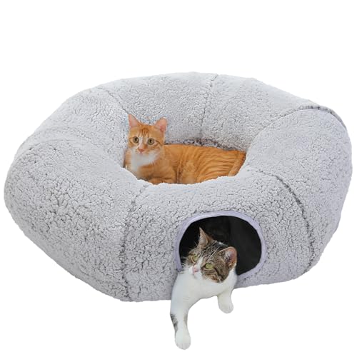 PAWZ Road Katzentunnel, Katzentunnelbett mit zentraler weicher Matte und baumelnden Bällen, zusammenklappbarer Flauschiger Plüsch - grau, Katzenröhre für Wohnungskatzen, Kaninchen und Welpen