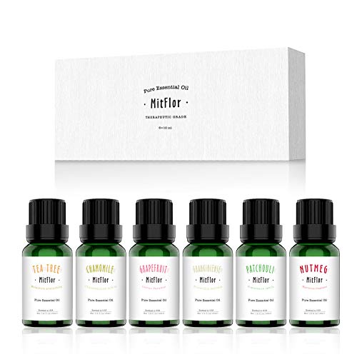 Essential Oils Set, MitFlor Top 6 Premium Grade Aromatherapy Oils Gift Set - Tea Tree, Chamomile, Grapefruit, Frankincense, Patchouli, Nutmeg  6x10ml