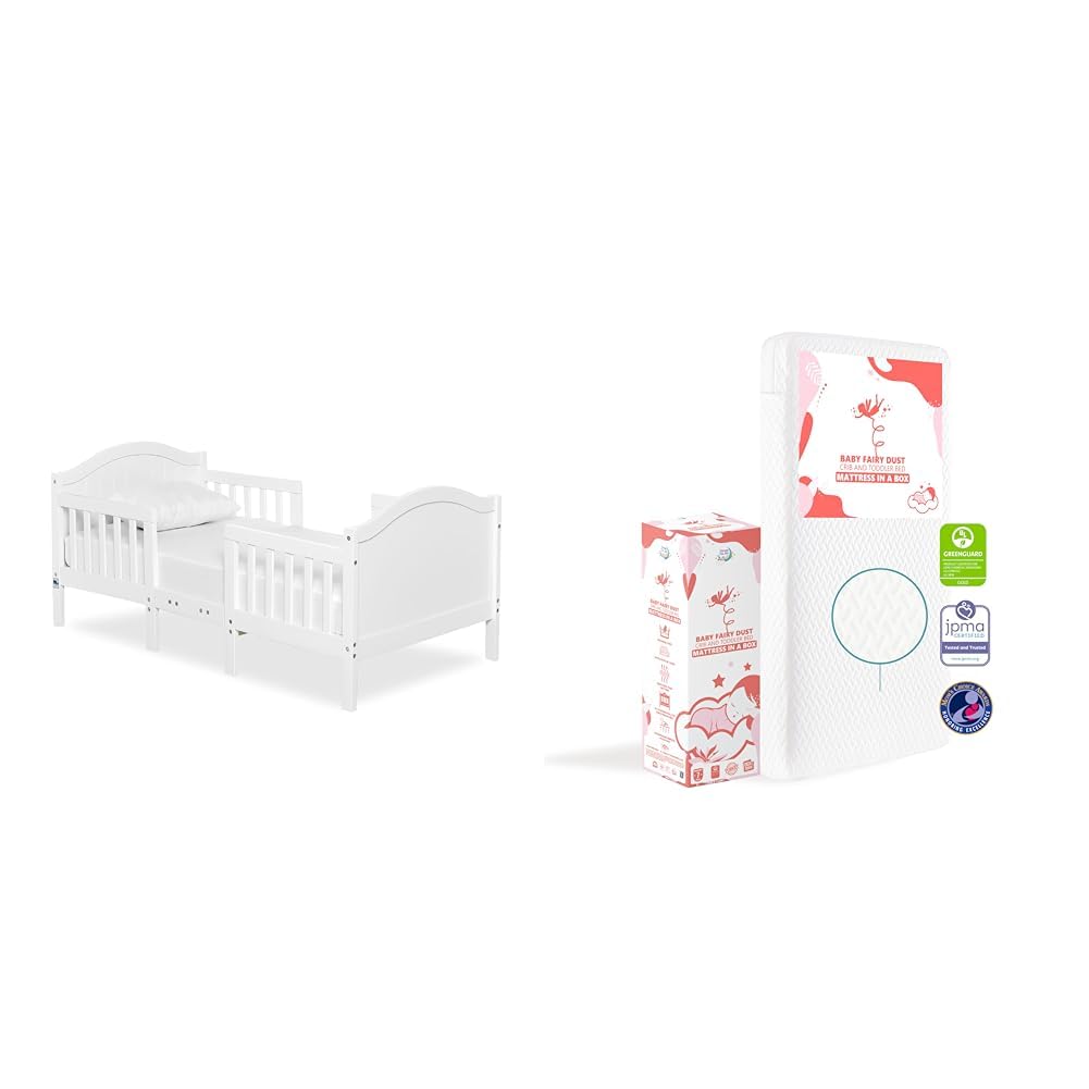 Dream On Me Portland 3 in 1 Convertible Toddler Bed in White, Greenguard Gold Certified & Baby Fairy 5” Foam Crib & Toddler Bed Mattress in a Box, White I Greenguard Gold