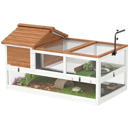 PawHut Casetta per tartarughe in legno, con due case principali, apribile, porta lampada, gabbia per rettili, terrario per tartarughe, rettili, 116 x 70,5 x 69,5 cm, arancione