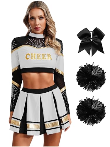 Catálogo para Comprar On-line Ropa de Cheerleading y animación para Mujer los 10 mejores. 47 QinCiao Traje Animadora Porrista Mujer Uniforme Completo Crop Top Manga Larga Falda Plisada Pompones Accesorios Cabello Danza Cheerleaders Competición Blanco S