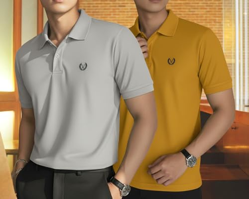 Image of MACK JONNEY Men's Solid Polo T-Shirt | Premium Cotton Blend | Regular Fit | Short Sleeve | Collared Casual Wear|Pack of 2 -MJ-157