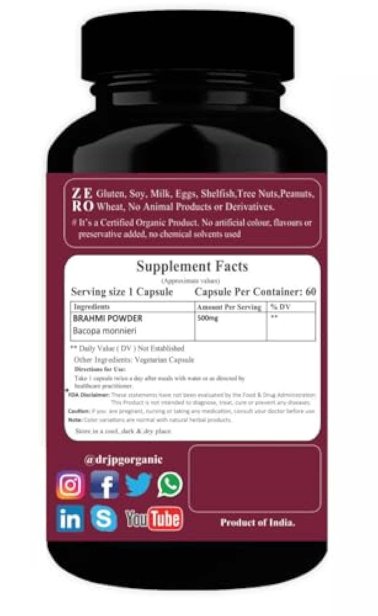 Dr. JPG Organic Bacopa, 60 Veg Capsules