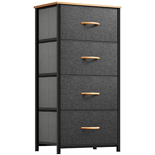 YITAHOME Storage Tower with 4 Drawers - Fabric Dresser, Organizer Unit for Bedroom, Living Room, Closets - Sturdy Steel Frame, Easy Pull Fabric Bins & Wooden Top Cool Dark Grey 4-Drawer