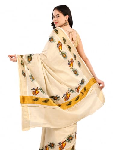 Image of Women's Kerala Tissue Plain Saree with Running Blouse| Onam & Vishu Kani Special | Traditional Kasavu White Colour