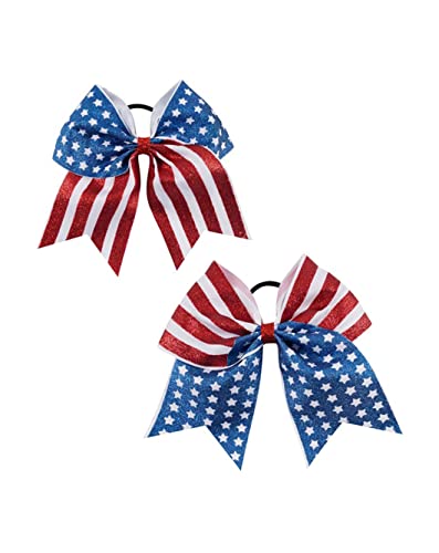 Patriotic Flag Cheer Bow Hair Rope Tie Ponytail Holder Cheerleader Girls JHN12 (2 Pcs-Set D)