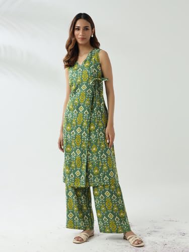 Image of FIORRA Women's Green Cotton Straight Kurta with Palazzo