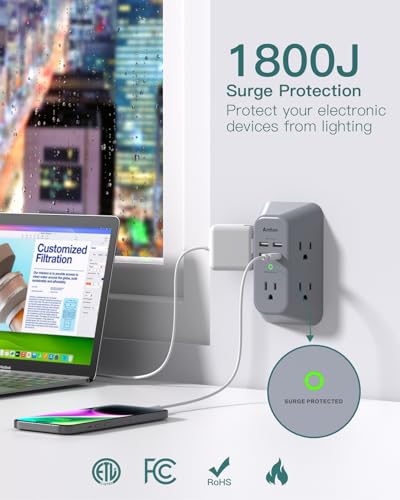 Image of Addtam Surge Protector Outlet Extender, Multi Plug Wall Outlet with 4 USB Ports(PD 20W), 3-Sided 1800J Power Strip Plug Extension Outlet Splitter, Gray