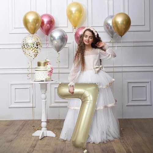 Image of 40 Inch Balloon Number 7 Metallic Gold, Large Mylar Foil Light Gold Number Seven Balloons for Girls Women, Champagne Gold Globos de Numero 7 Helium Balloons for Boys Men 7th Birthday Party Decorations