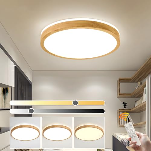 YYUTLUO LED Deckenleuchte Holz, oben 360&deg; leuchtende runde nat&uuml;rliche Holzlampe | Dimmbar mit Fernbedienung 2700K-6500K, 30W | Wohnzimmer, Esszimmer, Flur, Zuhause, B&uuml;ro, Kinderzimmer (&Oslash;40cm)