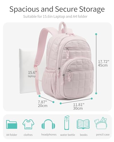 Image of Bookbag for Women, Teen Girls Backpack for High School College Student, Puffer Quilted Back Pack Cute Laptop Backpack for Work Travel Mom Casual Daypack, Pink