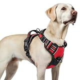 rabbitgoo Arnes Perro Mediano con 3 Hebillas, Liberacion del Cuello, Arnes Perro Ajustable con Asa y Clip Frontal, Arnés Antitirones para Perros Reflectante para Adiestramiento Correr, Rojo, L