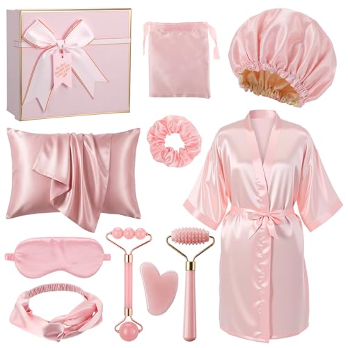 Funnysoft 13 Pcs Birthday Gift Set for Woman Satin Robe Eye Mask Hair Accessories Adjustable Silk Bonnet Face Roller Set Luxury Sleeping for Women Wife Mom Girlfriend Sister