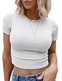Women Crewneck Ribbed Short Sleeve Crop Tops Summer Y2K Slim Fit T-Shirts 2025 White Medium