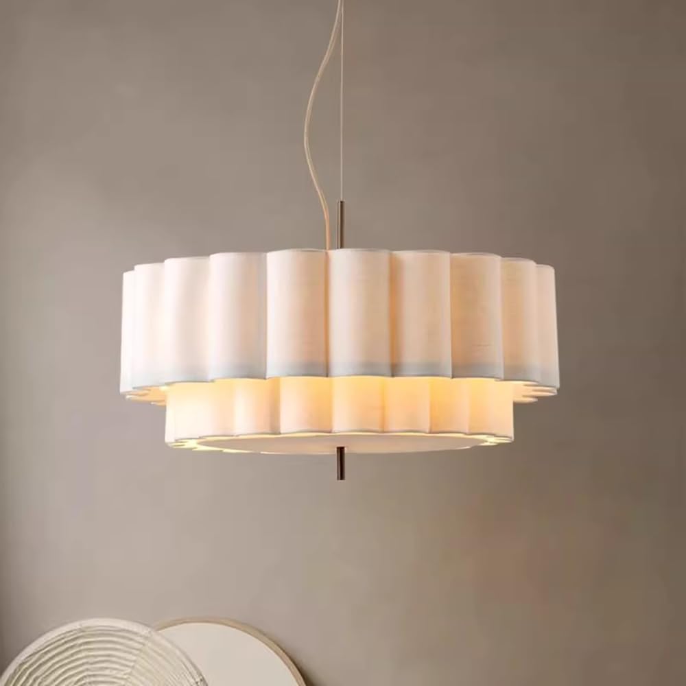 XQIDIANAA Drum Pendant Light Fixture, Drum Chandelier with Wihte Fabric Lampshade, 2 Tier Dining Room Light Fixtures Over Table, Ceiling Drum Chandeliers for Dining Room, Bedroom and Living Room