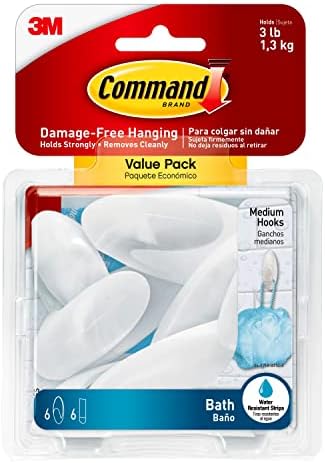 Command BATH18-6ES Organize Damage-Free Bath Towel Hook Value Pack, Medium, Frosted