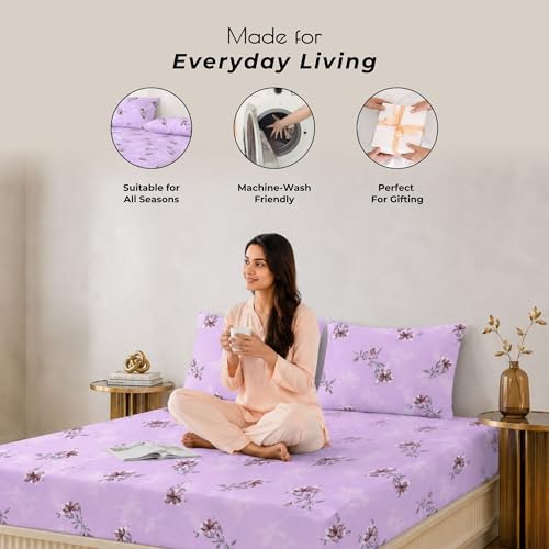 Image of King Size Elastic Fitted Bedsheet, 100% Pure Cotton King Size Fitted Bedsheet for Double Bed with 2 Pillow Covers, 240 TC, 72x78 Inches up to 8-inch Mattress, Floral (Velvet Bloom)