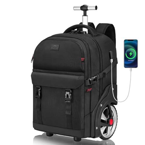 MATEIN Trolley Rucksack mit Rollen, 17,3 Zoll Trolley Rucksack mit Groß Rädern, 50L Reiserucksack mit rollen Einschließen USB-Ladeanschluss &Kombinationsschloss, Wasserdichte für Arbeit Reise, Schwarz