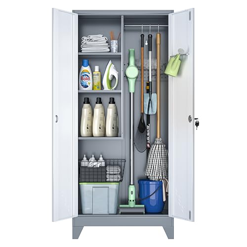 CBNTKI 61 Broom Storage Cabinet Cleaning Tool Storage Cabinet Garage Utility Storage Metal Broom Closet for Home Garage Utility Room Hanging Rod (Gray White Door-2)