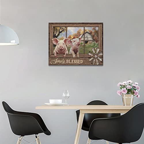 Farm Pig Wall Art Window Simply Blessed Cute Pigs Pictures Wall Decor Farmhouse Animal Pig Canvas Print Painting Rustic Funny Pig Decor Artwork For Bedroom Living Room Framed Ready To Hang 12"X16" #TOP2