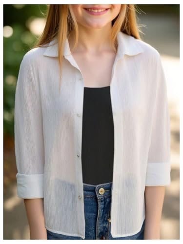 OYOANGLE Girl's Textured Button Down Long Sleeve Shirts Lightweight Plain Collared Blouse3