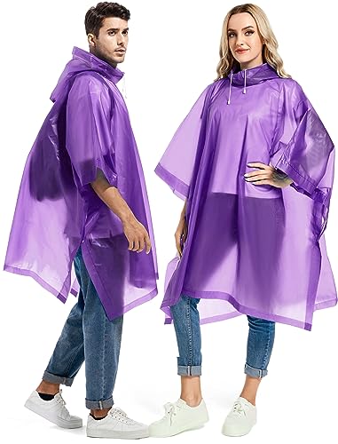 Borogo 2 Pack Rain Ponchos for Adults Reusable - Raincoats Survival Emergency Heavy Duty Rain Coat with Drawstring Hood Purple