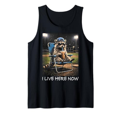 Funny Raccoon Drinking Iced Coffee Baseball I Live Here Now Tank Top