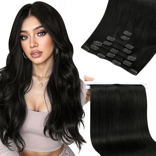 Image of Sunny Hair Clip in Hair Extensions Real Human Hair Natural Black 135g | 18 Inch Human Hair Extensions Clip Ins Black, Fuller Hair Medium Length for Wedding Guest Hairstyles, Soft Silky Texture