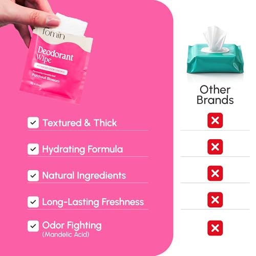 Image of FOMIN Acidified Deodorant Wipes for Women & Men - 50 Count | Patchouli Blossom - pH Balanced Mini Deodorant Wipes, Travel Size - Plastic-Free & Individually Wrapped Body Wipes