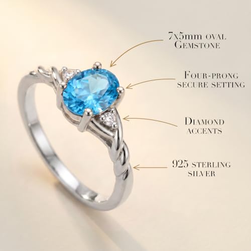 Image of Rylos Sterling Silver Classic Birthstone Ring - 7X5MM Oval Gemstone & Diamonds - Women's Jewelry, Sizes 5-10