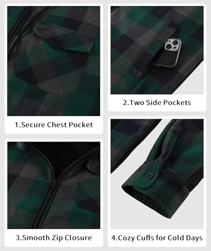 Image of V VALANCH Men's Sherpa Lined Flannel Jacket with Hood - Zip Up Plaid Shirt Jacket Winter Outdoor Warm Outerwear Fleece Coat