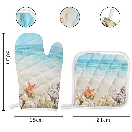 Sandy Beach Set Of Oven Mitt And Pot Holde Starfish Seashell Theme Oven Gloves Heat Resistance Non-Slip Surface For Kitchen Bbq Cooking Baking Grilling #TOP4