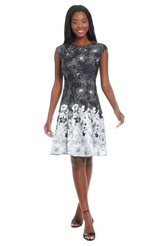 Image of London Times Women's Women's Fit and Flare Knee Length Cap Sleeve Round Neck - Border Print Special Occasion Cocktail Dress