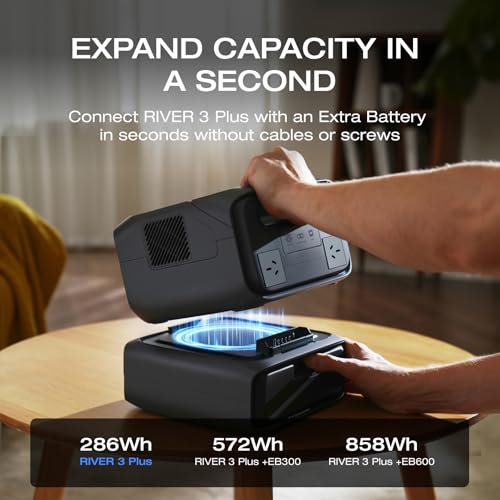 Image of EF ECOFLOW Portable Power Station RIVER 3 Plus, 286Wh LiFePO4 Battery, 3 Up to 1200W AC Outlets, <10 MS UPS, Expandable to 858Wh, <30 dB Quiet, 1Hr Fast Charging Solar Generator for Outdoor Camping /RV