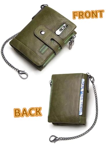 Ti-Y Chain Wallets for Men Genuine Leather RFID Blocking Bifold biker Wallet with Double Zipper Coin Pocket and Anti-Theft Chain (Green)2