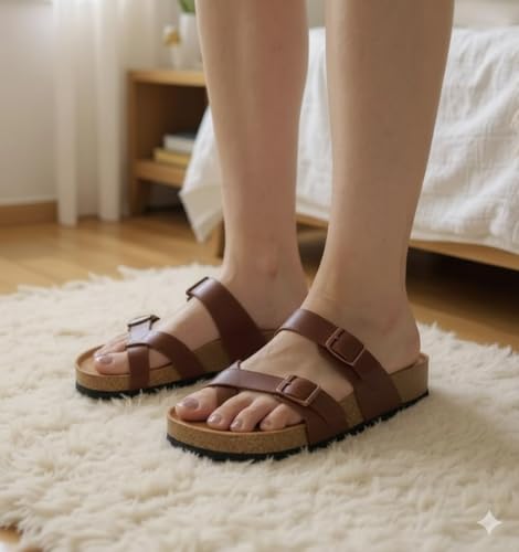 Image of Women's Genuine Leather Slippers | Comfort Sandals | Cushioned Suede Footbed | Anti-Skid Cork Sole | Flip Flips for Everyday Use
