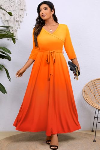 Image of Runwind Plus Size Maxi Dresses - 3 /4 Sleeve V Neck Long Dresses for Women (XL-6XL)