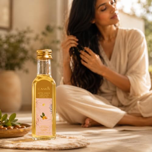 Image of CAMIA - Organic Moroccan Argan Oil for Skin & Hair | Premium Extra Virgin Cold Pressed Oil, 100% Natural | Argan Oil Improves Skin & Hair Elasticity & Provides Intense Hydration | 100 ML Glass Bottle