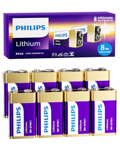 PHILIPS 8 Pack 9V Lithium Batteries, 1200mAh High Capacity Non-Rechargeable