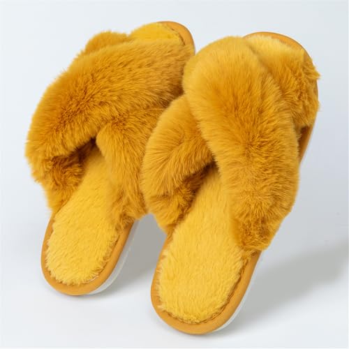 Image of Women's Cross Band Fuzzy Slippers Fluffy Open Toe House Slippers