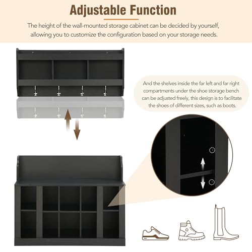 Image of Shoe Storage Bench with Shelves and 4 Hooks, Entryway Hall Tree with Shoe Cabinets with Coat Rack