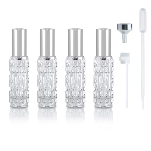 YoHyien 4 Pcs Travel Perfume Atomiser Refillable 10ml, Glass Perfume Travel Bottle, Portable Aftershave Atomiser Spray Bottle, Mini Fragrance Decanter for Handbag, Pocket, and Purse (Silver)