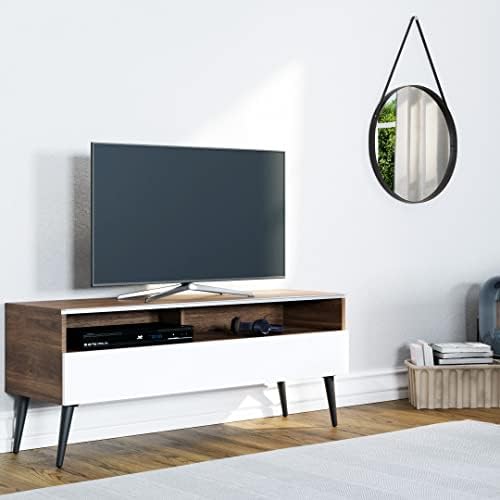 SONOROUS VL-1200 Premium TV Stand for Living Room - Luxury TV Cabinet with Flap Door - Retro TV Furniture with Solid Wood Legs - Media Console Support up to 65” - Walnut Cabinet/White Cover