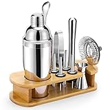 Bartender Kit Cocktail Shaker Set by Bournis Stainless Steel Bar Tool Set 10 Pcs with Bamboo Stand, Drink Mixing Bar Accessories for Home Professional Bartending/Cocktail Recipes