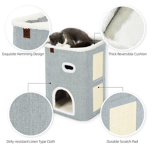 CATBOAT 2-Storey Cat House for Indoor Cats Bed, Covered Beds & Furniture with Scratch Pad and Hideaway Cave, Cute Modern Condo for Multi Small Pet Large Kitten Kitty, Light Grey - Thumbnail 3