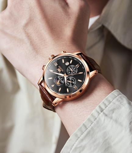 Image of OLEVS Watches for Men Original Analog Quartz Stylish Brown Leather Luxury Business Chronograph Waterproof Date Mens Wrist Watch
